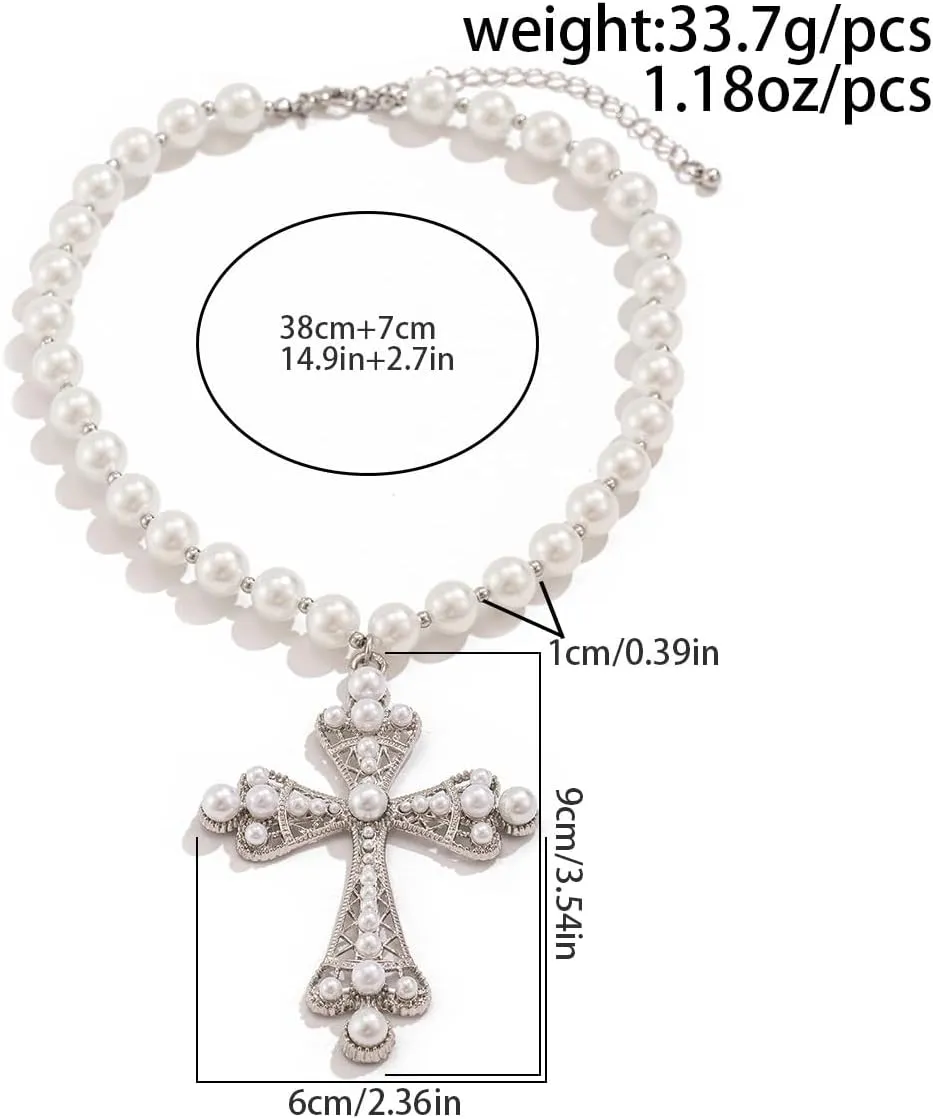 Gothic Cross Necklace for Women Vintage Pearl Cross Pendant Necklace Sparkling Crystal Cross Necklace Goth Chunky Cross Necklace Jewelry