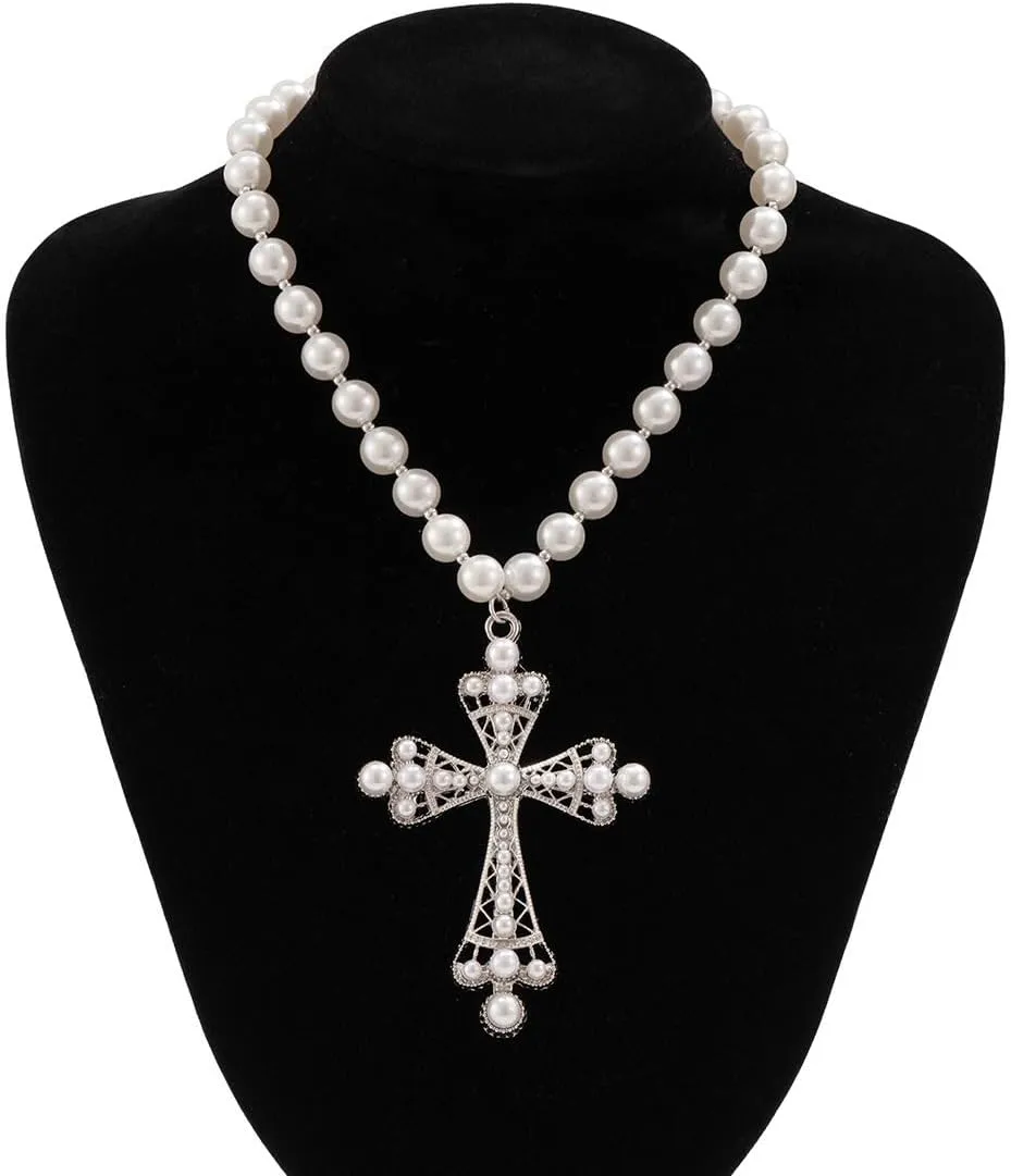 Gothic Cross Necklace for Women Vintage Pearl Cross Pendant Necklace Sparkling Crystal Cross Necklace Goth Chunky Cross Necklace Jewelry