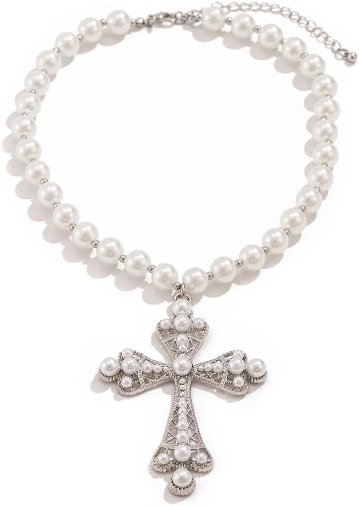 Gothic Cross Necklace for Women Vintage Pearl Cross Pendant Necklace Sparkling Crystal Cross Necklace Goth Chunky Cross Necklace Jewelry