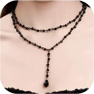 Gothic Layered Necklace Black Bead Choker Dainty Long Teardrop Y Shaped Black Necklaces Halloween Christmas New Year Jewelry for Women