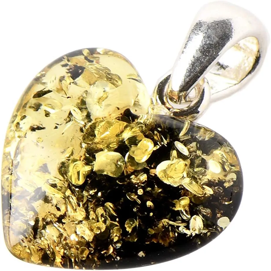 Green Amber Heart Pendant, Handmade Charm, 925 Sterling Silver
