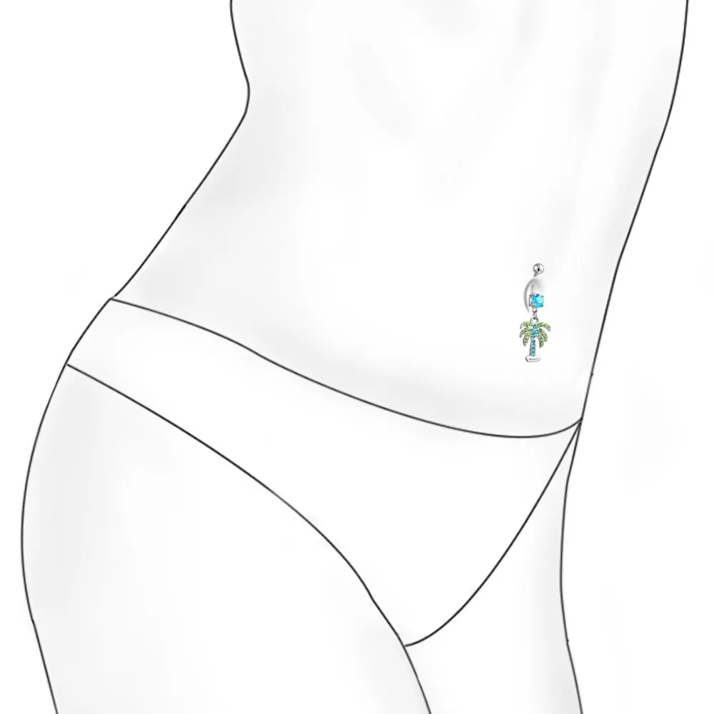 Green Blue Crystal Tree Navel Belly Ring 316L Stainless Steel 14 Gauge