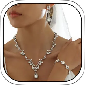 Hadskiss Wedding Jewelry Sets for Bride Bridesmaid, Party Prom Jewelry for Women, Necklace Dangle Earrings Bracelet Set with White Austrian Crystal