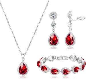HAIAISO Bridal Jewelry Set Wedding Crystal Necklace Bracelet Clip On Earrings Rhinestone Pendant Teardrop Dangle Clip On Earrings Prom Bridal Party Bridesmaid Jewelry Set for Women