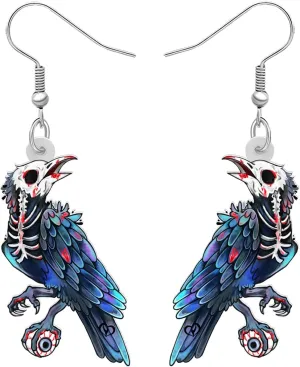 Halloween Acrylic Pumpkin Raven Skull Earrings Goth Crow Bird Animals Bones Dangle Witchy Jewelry For Women Witch Skull Lovers Costume Gifts