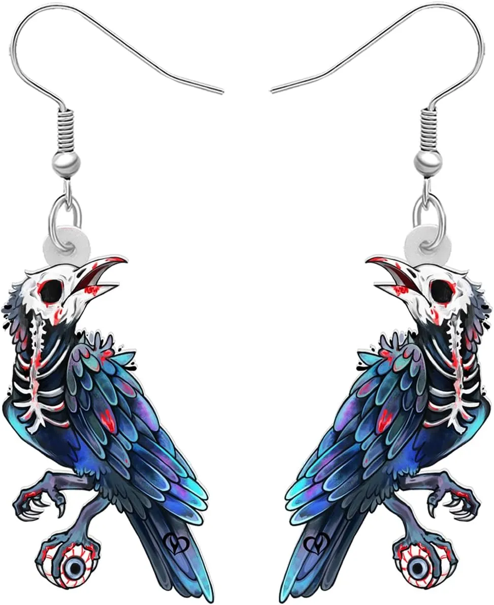 Halloween Acrylic Pumpkin Raven Skull Earrings Goth Crow Bird Animals Bones Dangle Witchy Jewelry For Women Witch Skull Lovers Costume Gifts