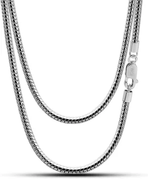 H&Beautimer Classic Unisex 925 Sterling Silver Necklace 3-4MM Round Snake Chain Necklace for Men Women - Party Fine Jewelry - Original Silver Link Necklace 16-17-18-19-20-22-24-26-28-30''