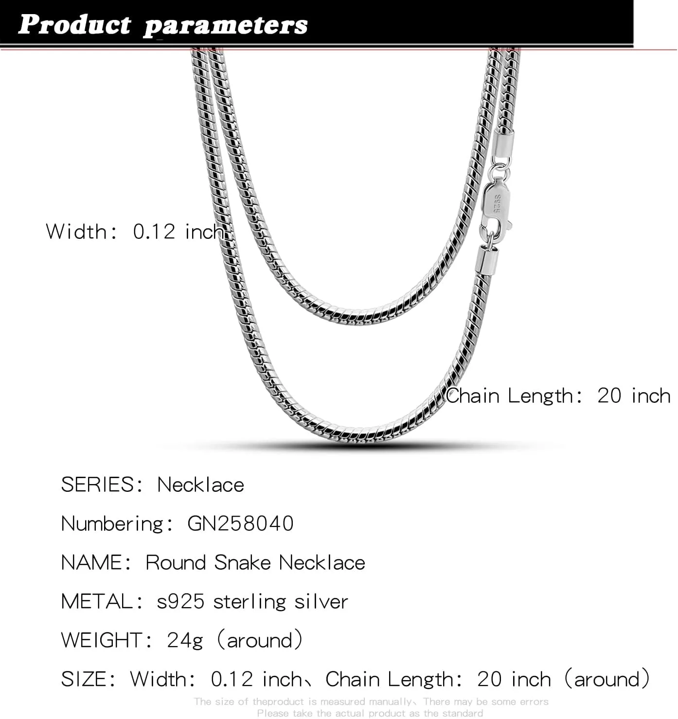 H&Beautimer Classic Unisex 925 Sterling Silver Necklace 3-4MM Round Snake Chain Necklace for Men Women - Party Fine Jewelry - Original Silver Link Necklace 16-17-18-19-20-22-24-26-28-30''