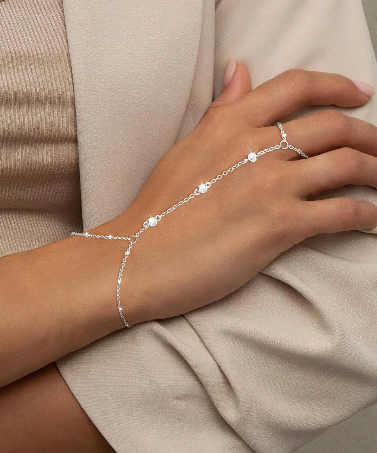 Hand Chain Bracelet for Women Dainty 14K Gold/Silver Plated Ring Chain Diamond Cubic Zirconia CZ Beaded Station Bracelet Trendy Simple Fashion Body Jewelry Waterproof Gifts for Her