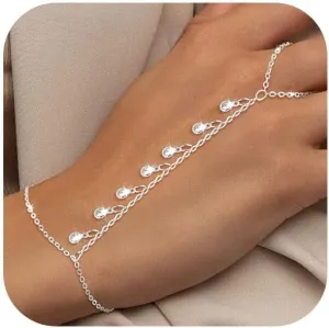 Hand Chain Bracelet for Women Dainty 14K Gold/Silver Plated Ring Chain Diamond Cubic Zirconia CZ Beaded Station Bracelet Trendy Simple Fashion Body Jewelry Waterproof Gifts for Her