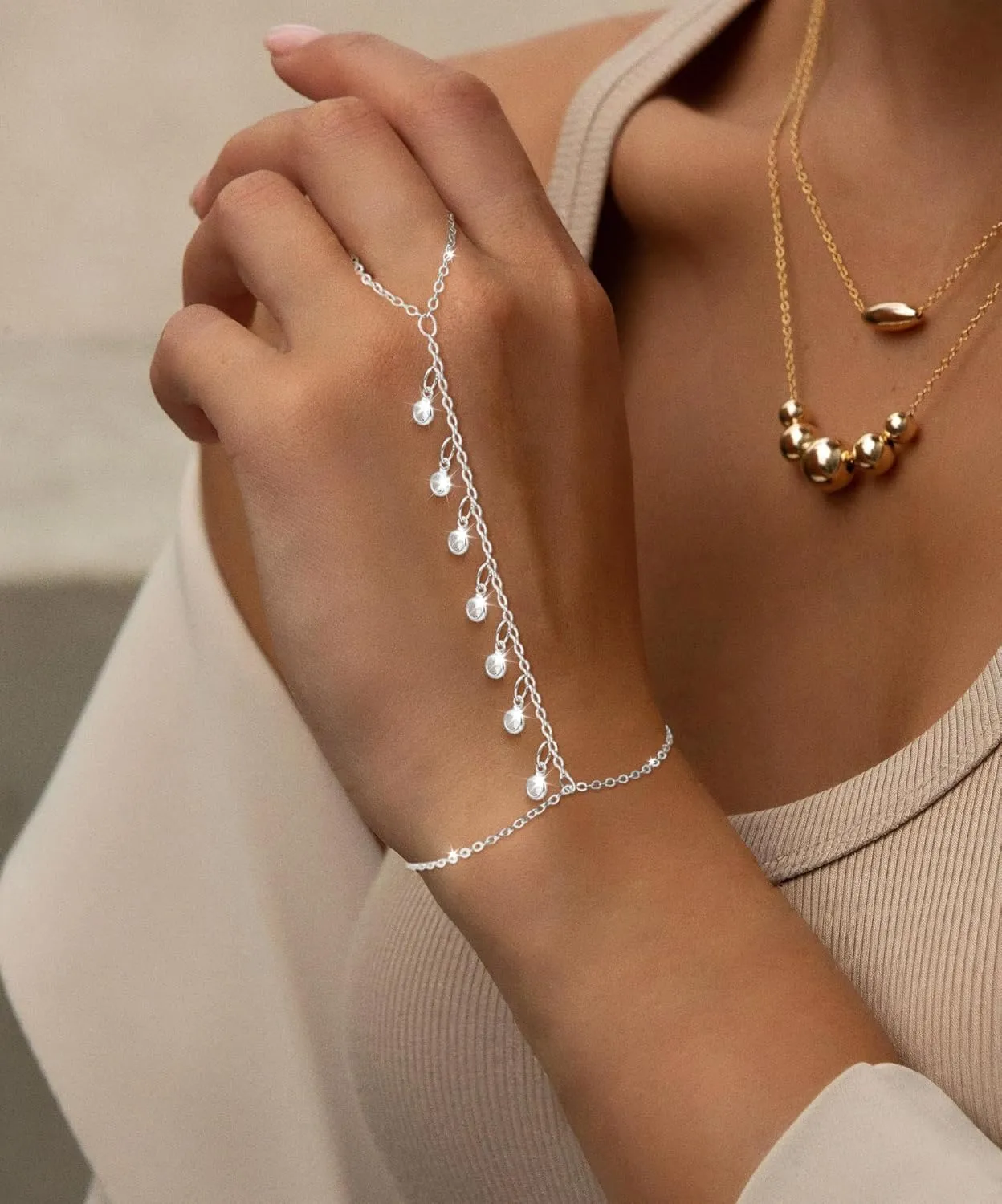 Hand Chain Bracelet for Women Dainty 14K Gold/Silver Plated Ring Chain Diamond Cubic Zirconia CZ Beaded Station Bracelet Trendy Simple Fashion Body Jewelry Waterproof Gifts for Her