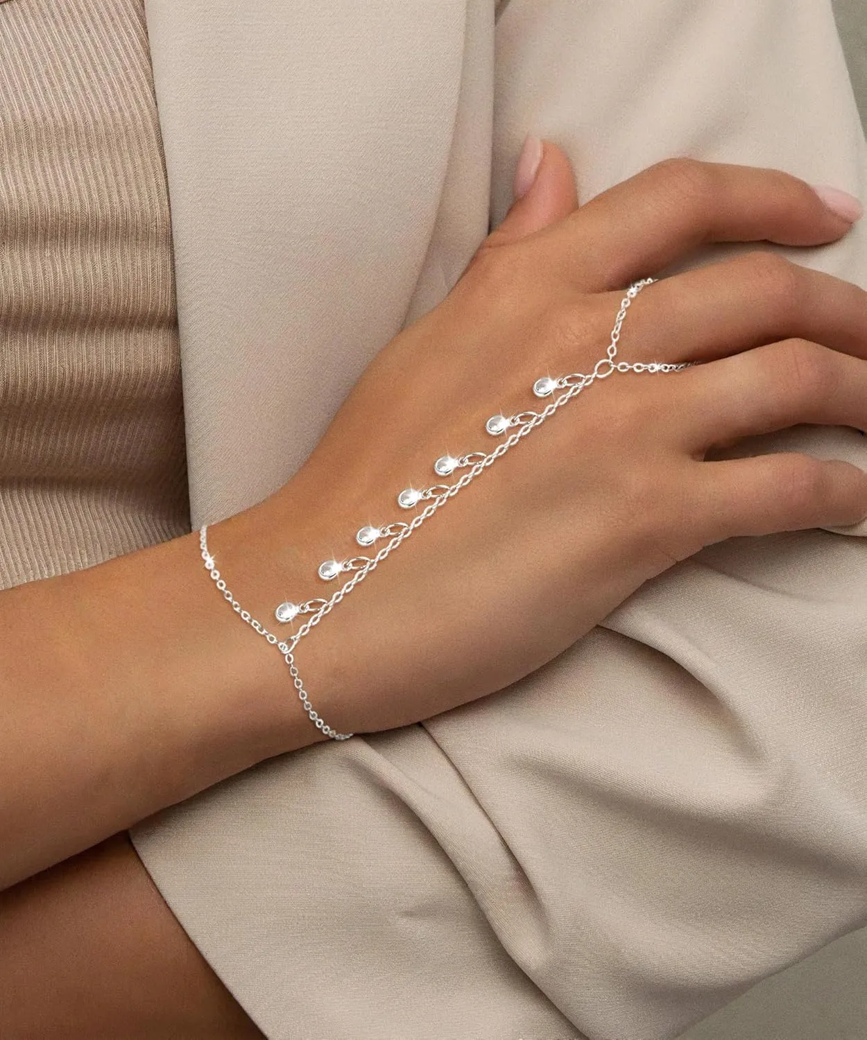 Hand Chain Bracelet for Women Dainty 14K Gold/Silver Plated Ring Chain Diamond Cubic Zirconia CZ Beaded Station Bracelet Trendy Simple Fashion Body Jewelry Waterproof Gifts for Her