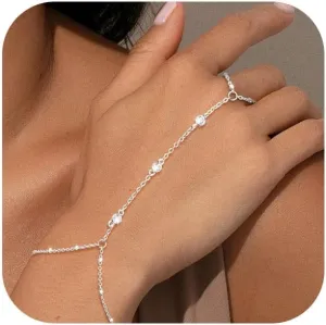 Hand Chain Bracelet for Women Dainty 14K Gold/Silver Plated Ring Chain Diamond Cubic Zirconia CZ Beaded Station Bracelet Trendy Simple Fashion Body Jewelry Waterproof Gifts for Her