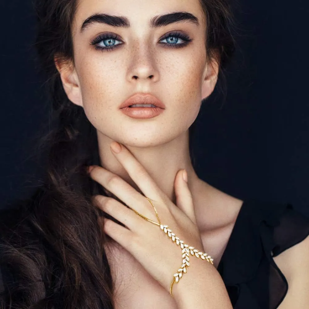 Hand Chain Ring Bracelet, Fashion Silver AAA CZ Crystal Adjustable Slave Hand Chain Renaissance Accessories Boho Hand Jewelry for Women