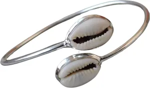 Handcrafted Sterling Silver Bangle with Money Cowrie Shell Accent - Adjustable Natural Shell Bracelet for Elegant Jewelry Statement - 2 To 2.5 Inch Adjustable