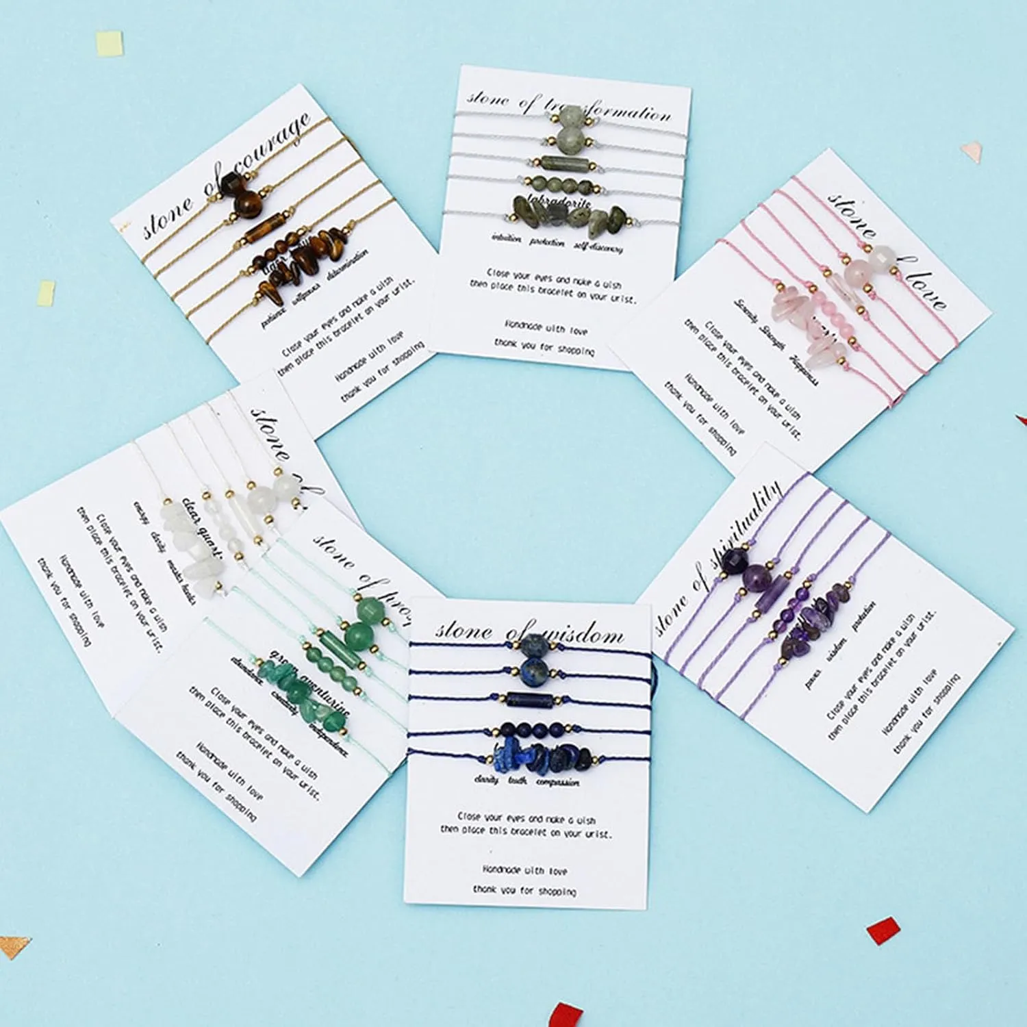Handmade 5pcs Colorful Crystal Natural Stone Stackable Adjustable Rope Braided Beaded Lightweight String Bracelets Couple Friendship Yoga Meditation Jewelry for Women