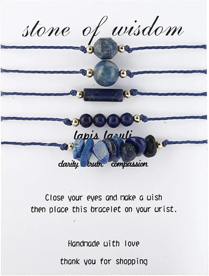 Handmade 5pcs Colorful Crystal Natural Stone Stackable Adjustable Rope Braided Beaded Lightweight String Bracelets Couple Friendship Yoga Meditation Jewelry for Women