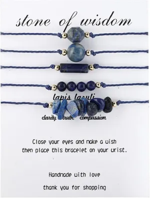 Handmade 5pcs Colorful Crystal Natural Stone Stackable Adjustable Rope Braided Beaded Lightweight String Bracelets Couple Friendship Yoga Meditation Jewelry for Women