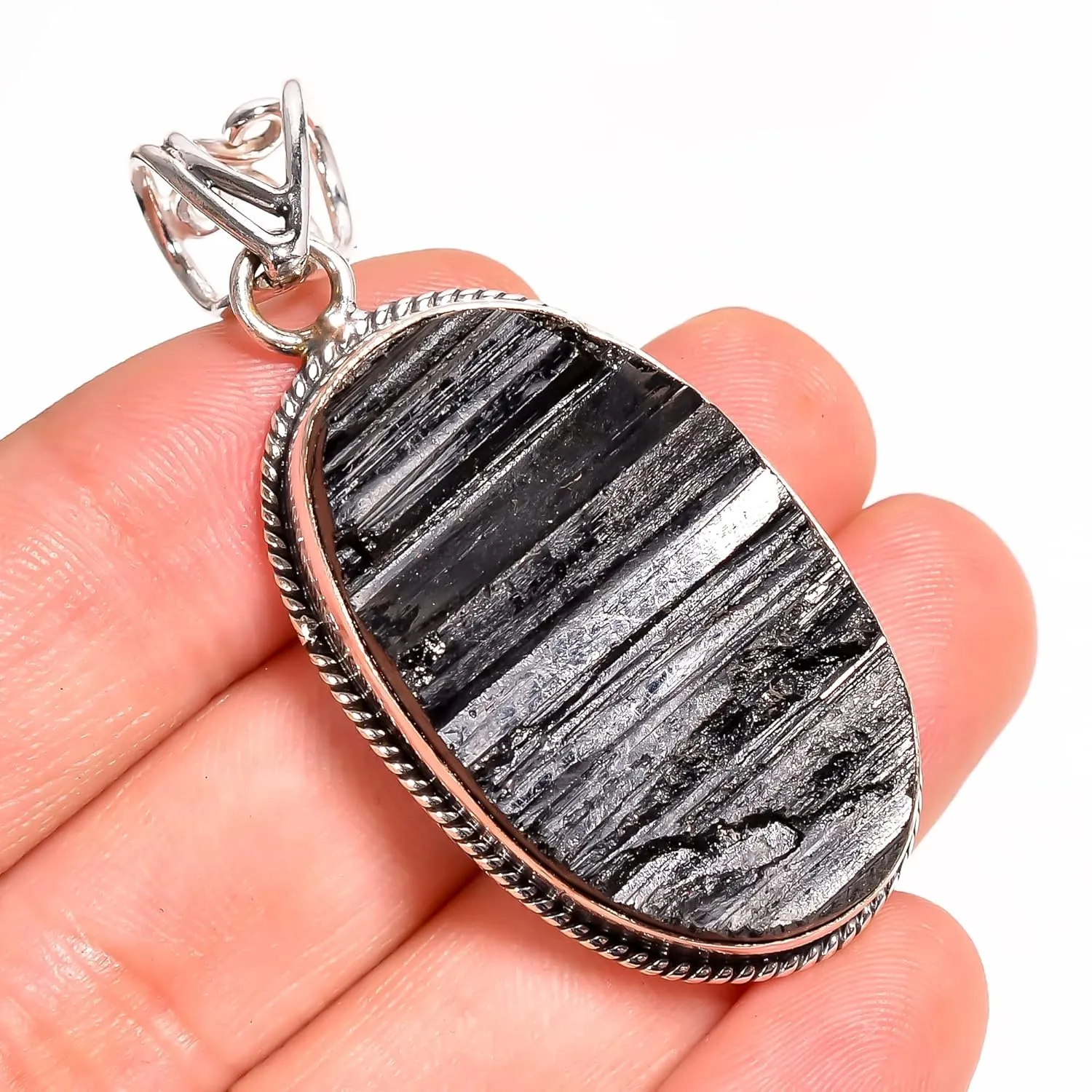 Handmade Black Tourmaline Gemstone Pendant Necklace in 925 Sterling Silver - Bohemian Healing Stone Jewelry for Spiritual Energy - Perfect Gift for Her, Wife, or Mother