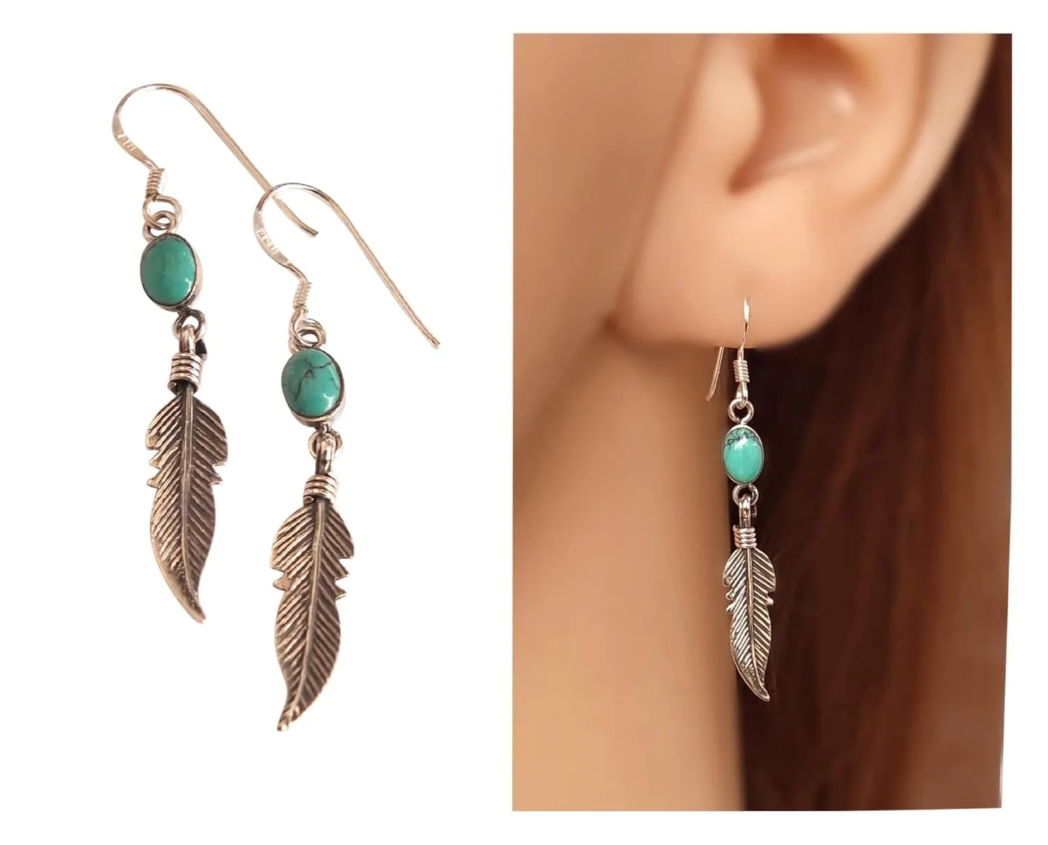 Handmade Feather Turquoise Dangle Earrings, 925 Sterling Silver, Feather & Small Oval Reconstructed Turquoise Gemstone Drop Earrings for Women, Tarnish&Water Resistant, By MiYa Jewelry Creations