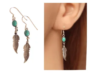 Handmade Feather Turquoise Dangle Earrings, 925 Sterling Silver, Feather & Small Oval Reconstructed Turquoise Gemstone Drop Earrings for Women, Tarnish&Water Resistant, By MiYa Jewelry Creations