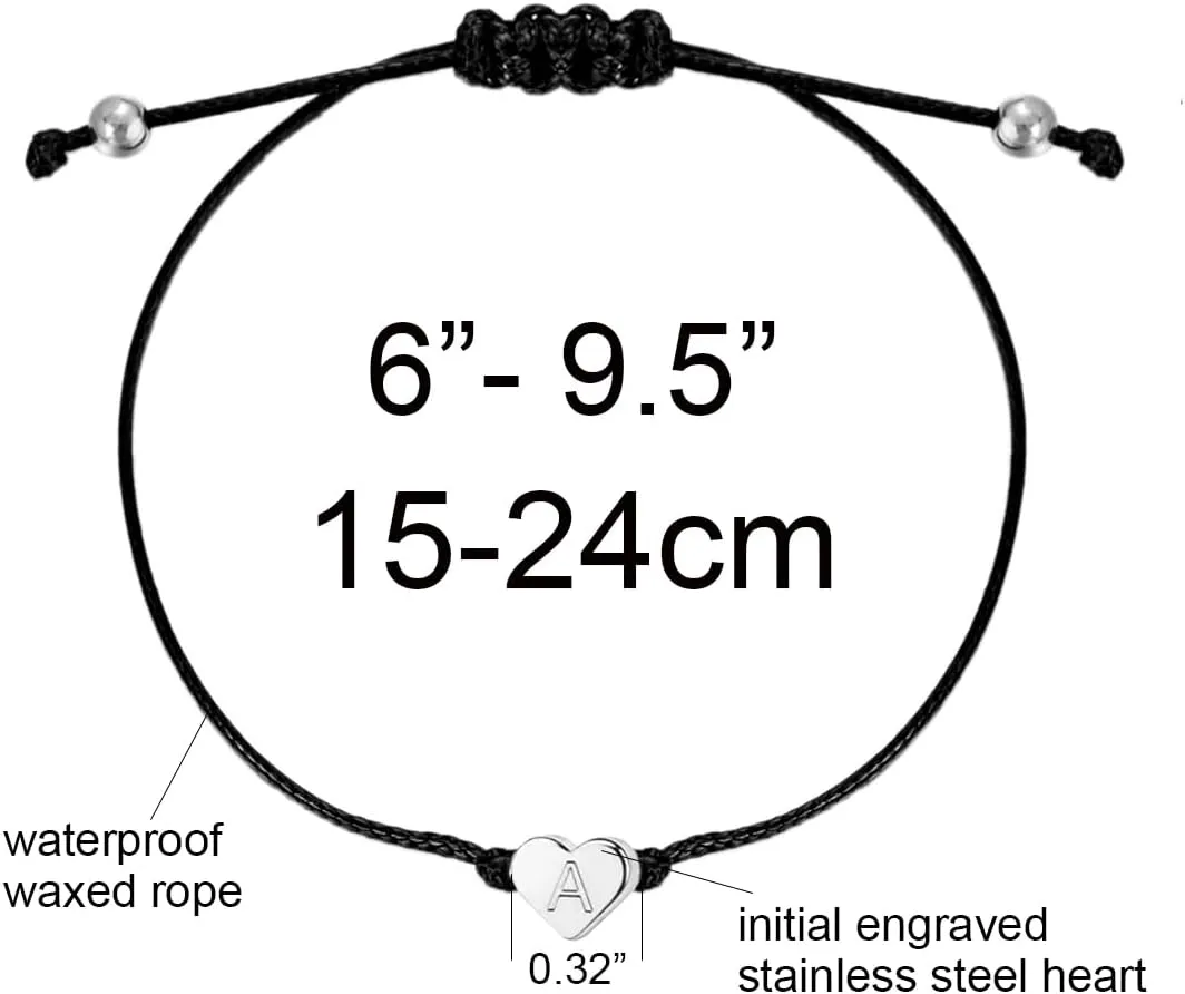 Handmade Initial Heart String Bracelets for Women Men Red Black Wax Rope Bracelet Friendship Minimalist Matching Couples Jewelry