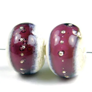 Handmade Lampwork Glass Band Beads, Ivory Medium Amethyst Silver Shiny