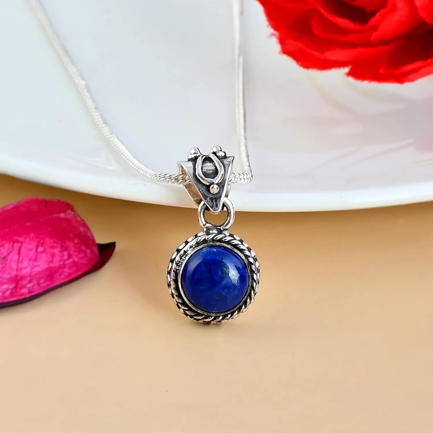 Handmade Lapis Lazuli Gemstone Pendant Necklace in 925 Sterling Silver - Bohemian Healing Stone Jewelry for Spiritual Energy - Perfect Gift for Her, Wife, or Mother