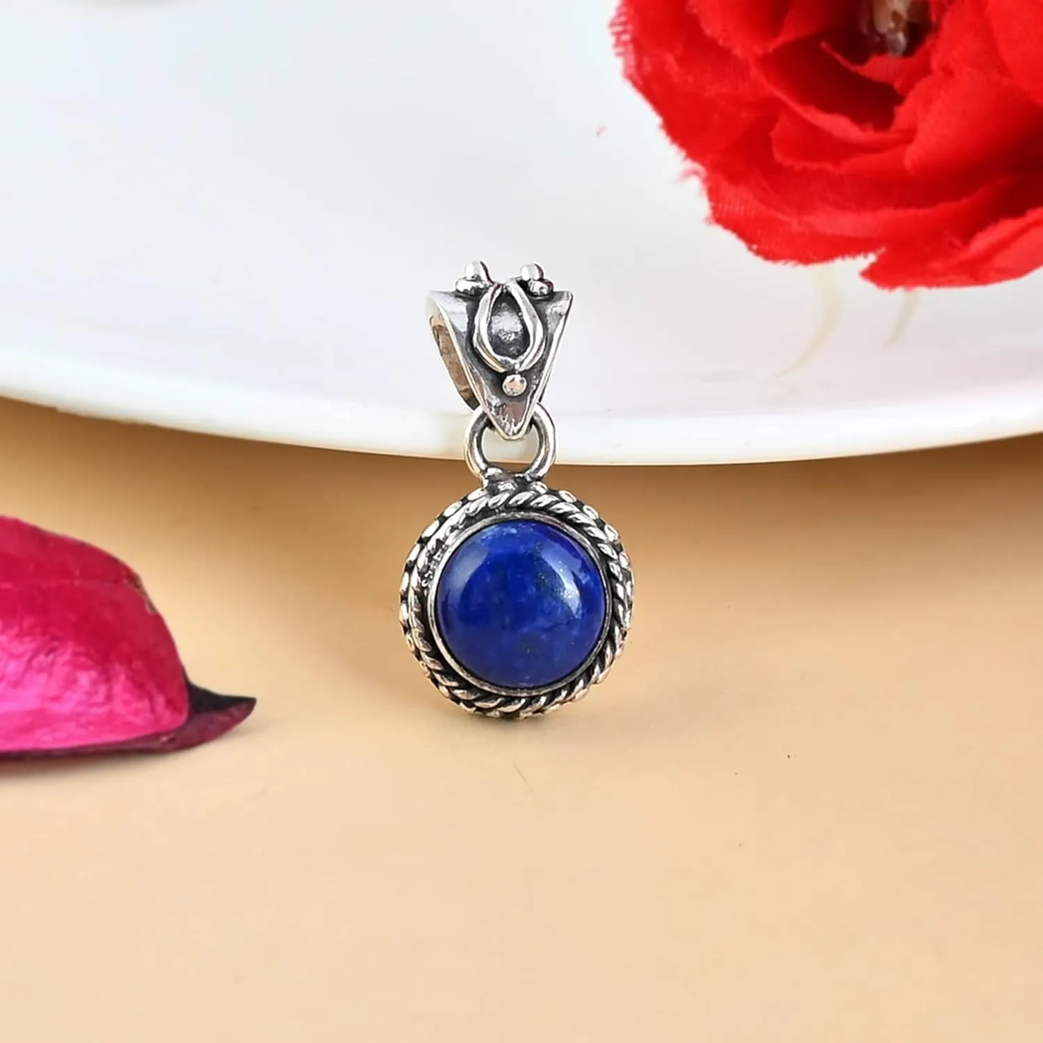 Handmade Lapis Lazuli Gemstone Pendant Necklace in 925 Sterling Silver - Bohemian Healing Stone Jewelry for Spiritual Energy - Perfect Gift for Her, Wife, or Mother