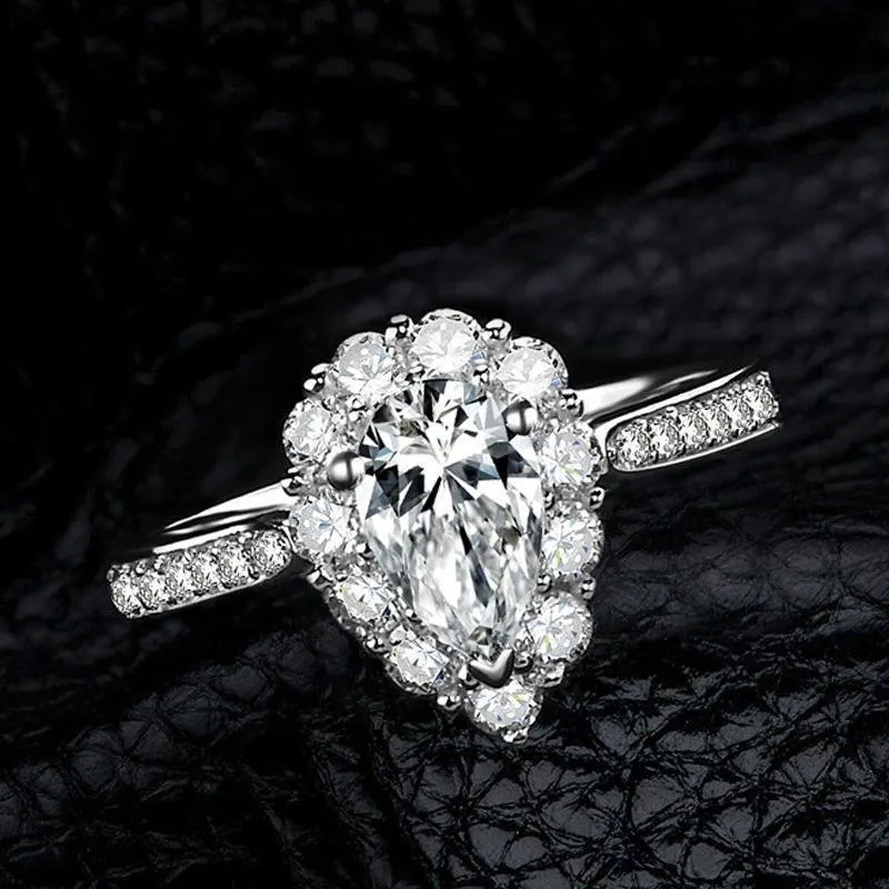 Handmade Pear Cut Halo Sterling Silver Ring