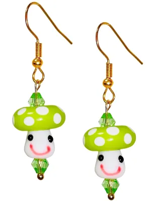 Handpainted Cute Smiley Mushroom Earrings for Women Teen Girls, Colorful Unique Crystal Glass Drop Dangle Earrings Jewelry, Hypoallergenic (Green)