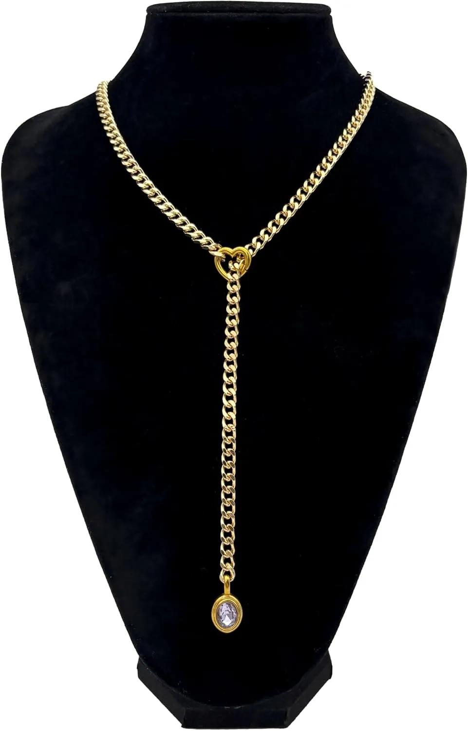 Heart Slip Chain Necklace for Women, Gold Cuban Chain with Removable Heart O-Ring, Sparkling Crystal Pendant, Adjustable Y-Necklace, Dainty Statement Jewelry.