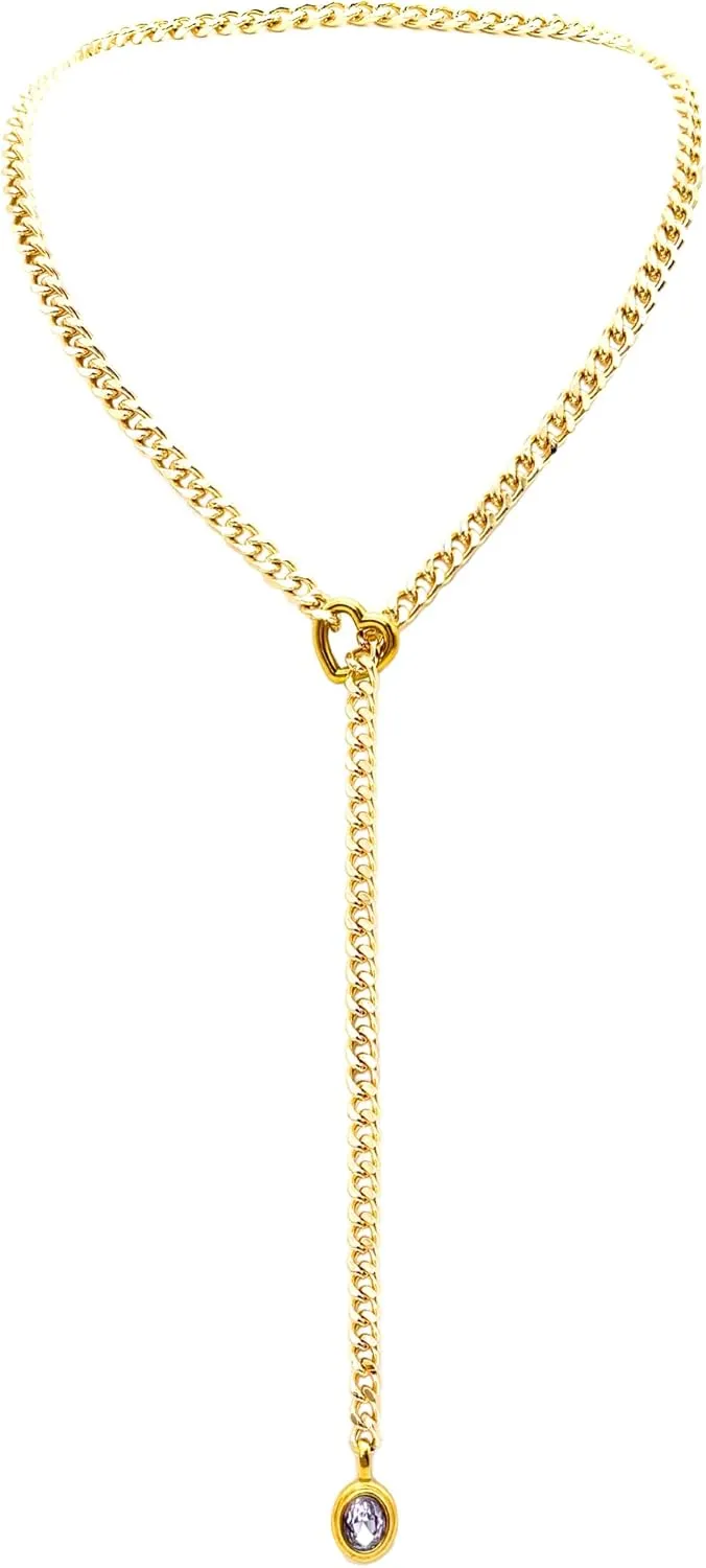 Heart Slip Chain Necklace for Women, Gold Cuban Chain with Removable Heart O-Ring, Sparkling Crystal Pendant, Adjustable Y-Necklace, Dainty Statement Jewelry.