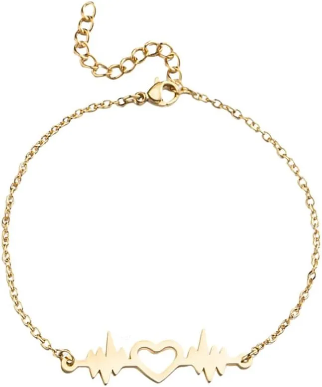 Heartbeat Cardiogram Love Heart Link Bracelet for Women Stainless Steel Dainty Handmade Hollow Out Lifeline Pulse Charm Adjustable Chain Bracelets Jewelry Valentine's Day Gifts Girlfriend Wife Her Friendship