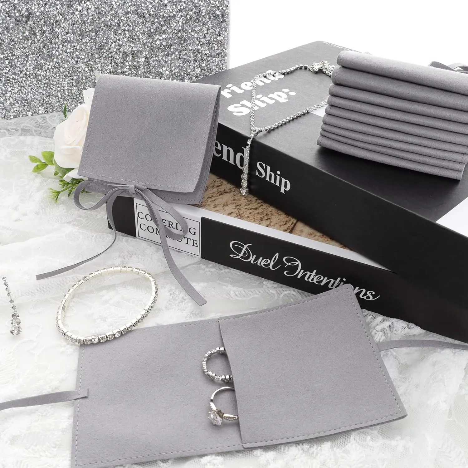 Heliltd 12pcs Microfiber Jewelry Pouch 8x8cm Bulk Packaging Bags Mini Gift Pouches Envelope Style with Strings (Gray)