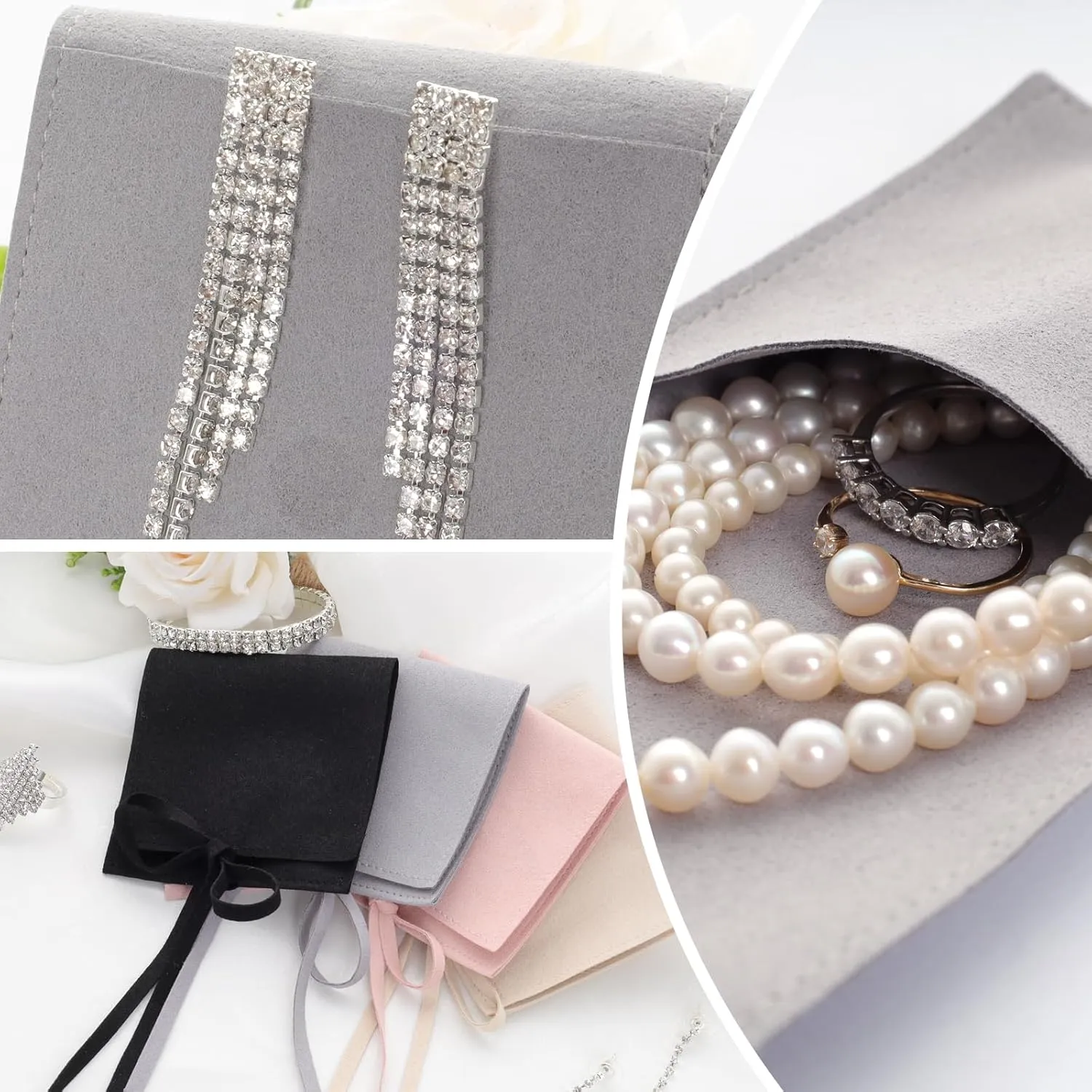 Heliltd 12pcs Microfiber Jewelry Pouch 8x8cm Bulk Packaging Bags Mini Gift Pouches Envelope Style with Strings (Gray)