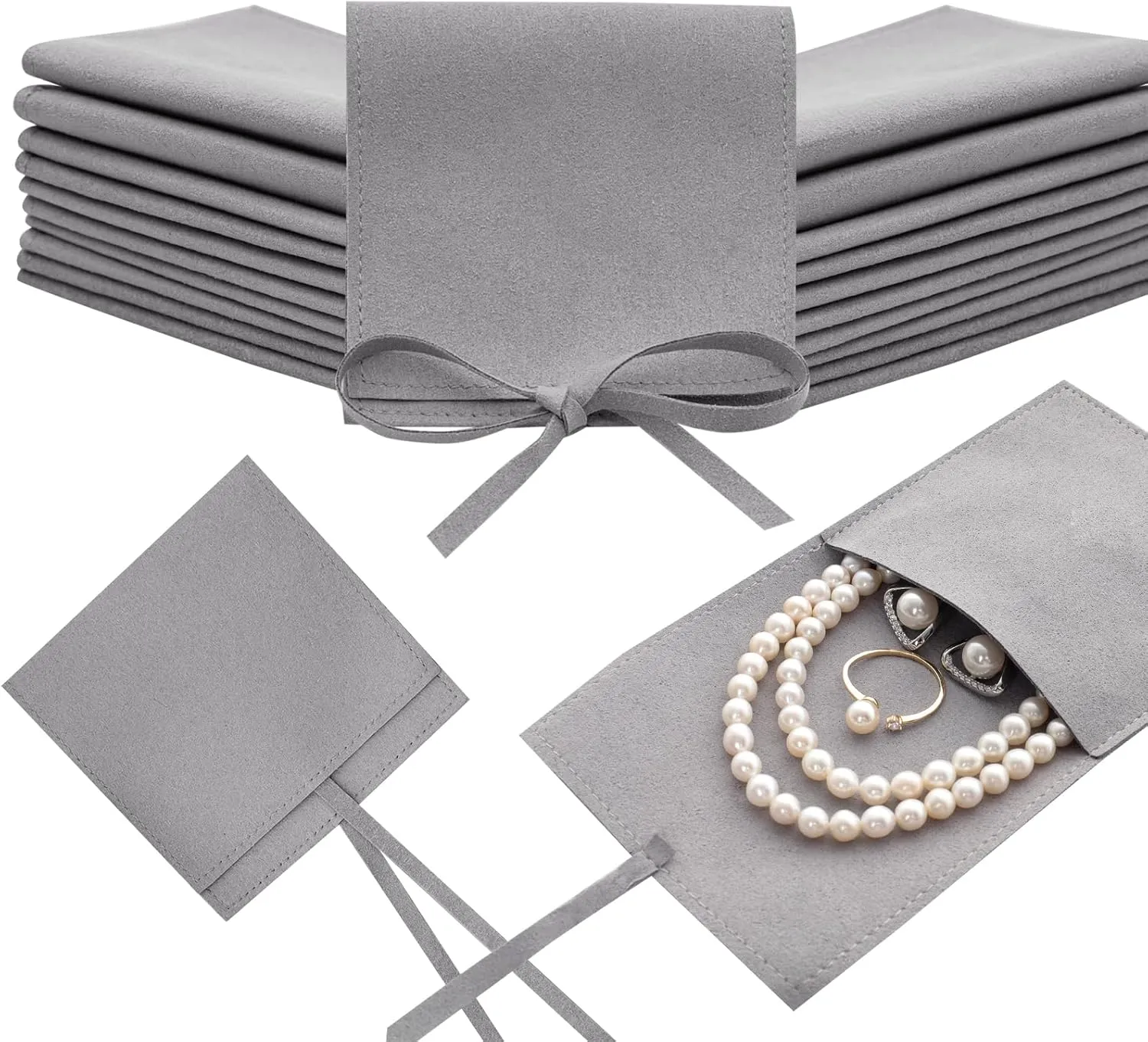 Heliltd 12pcs Microfiber Jewelry Pouch 8x8cm Bulk Packaging Bags Mini Gift Pouches Envelope Style with Strings (Gray)