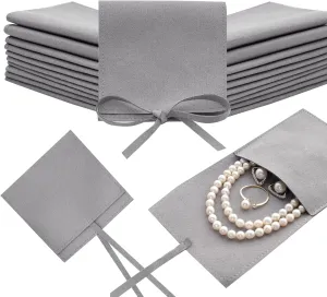 Heliltd 12pcs Microfiber Jewelry Pouch 8x8cm Bulk Packaging Bags Mini Gift Pouches Envelope Style with Strings (Gray)