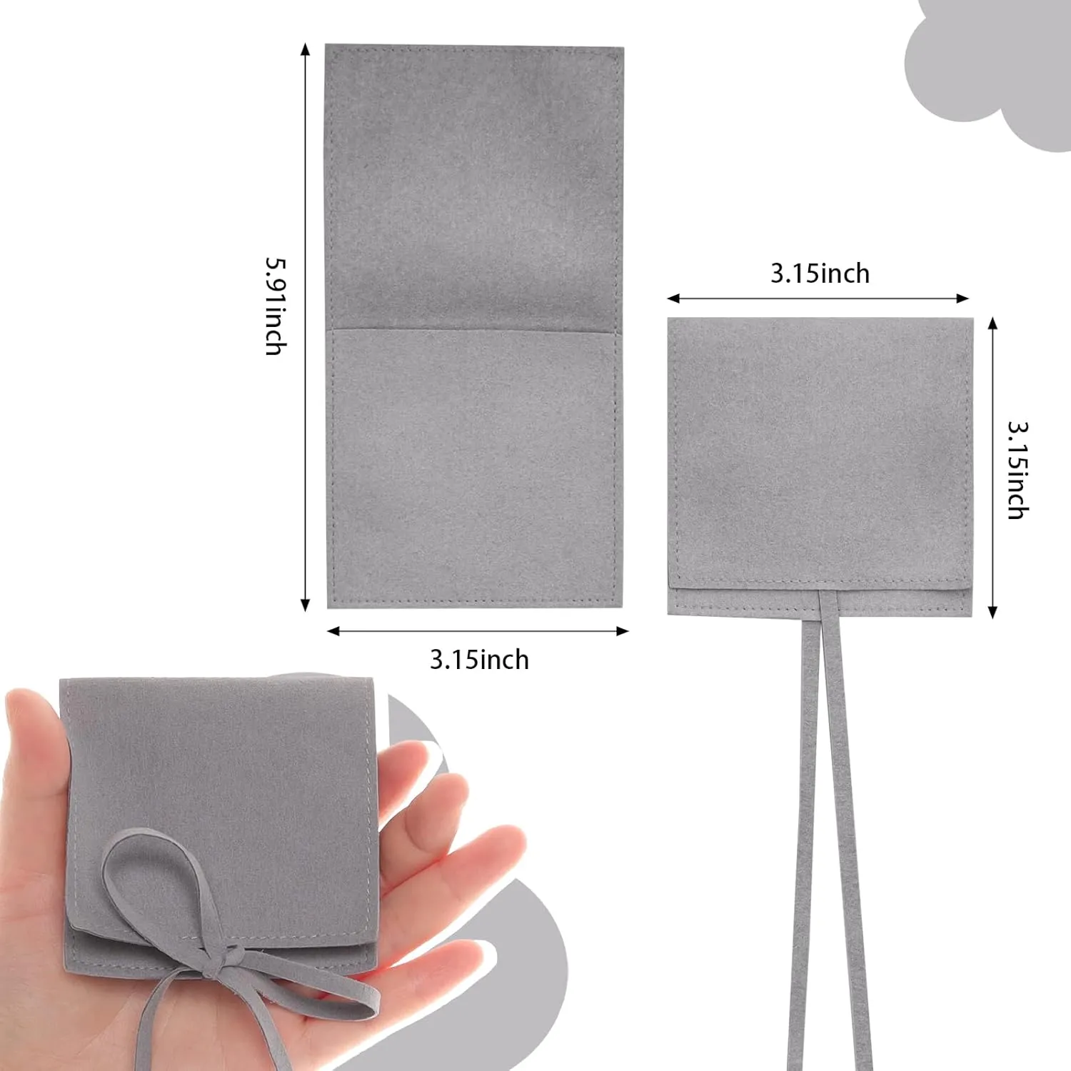 Heliltd 12pcs Microfiber Jewelry Pouch 8x8cm Bulk Packaging Bags Mini Gift Pouches Envelope Style with Strings (Gray)