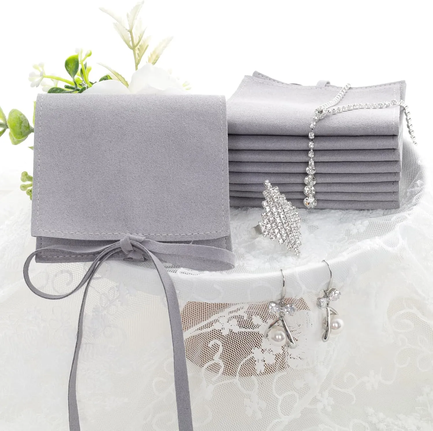 Heliltd 12pcs Microfiber Jewelry Pouch 8x8cm Bulk Packaging Bags Mini Gift Pouches Envelope Style with Strings (Gray)