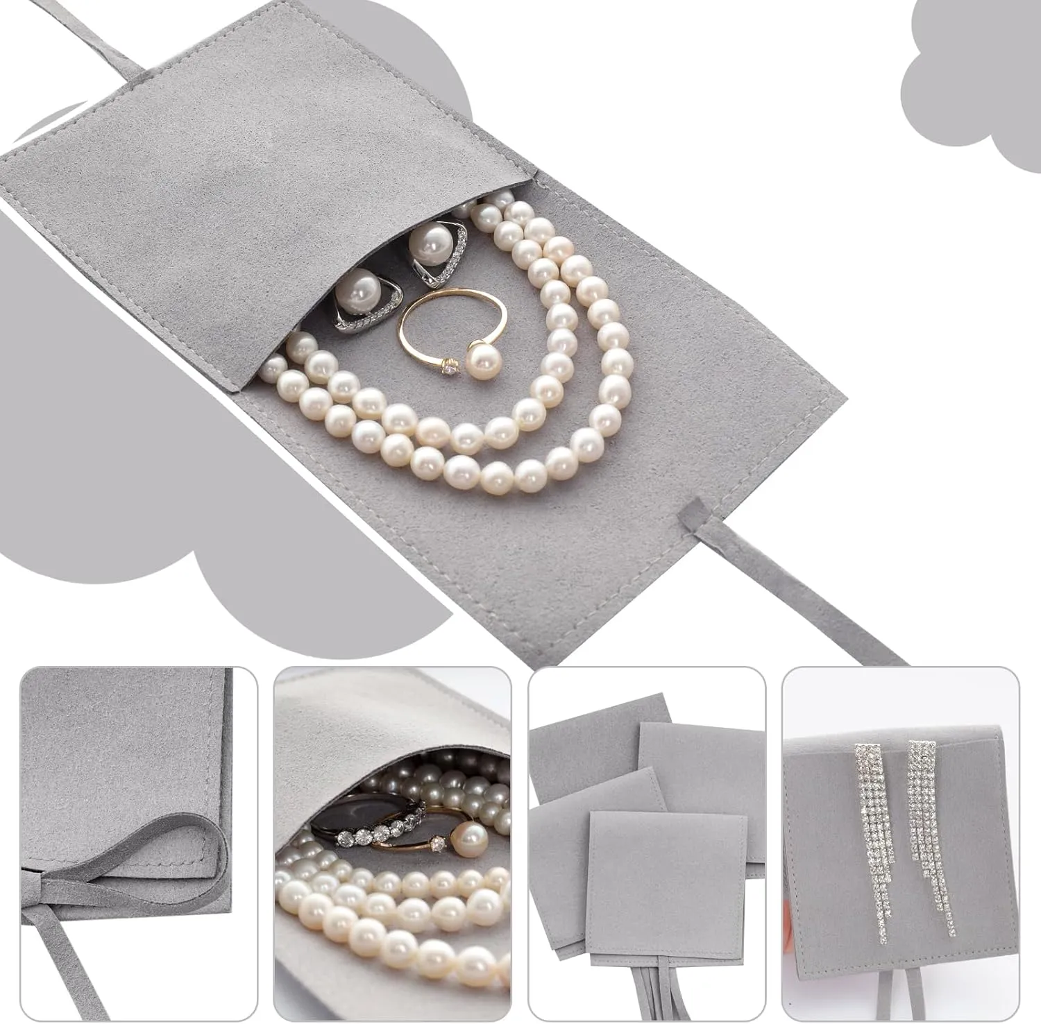 Heliltd 12pcs Microfiber Jewelry Pouch 8x8cm Bulk Packaging Bags Mini Gift Pouches Envelope Style with Strings (Gray)