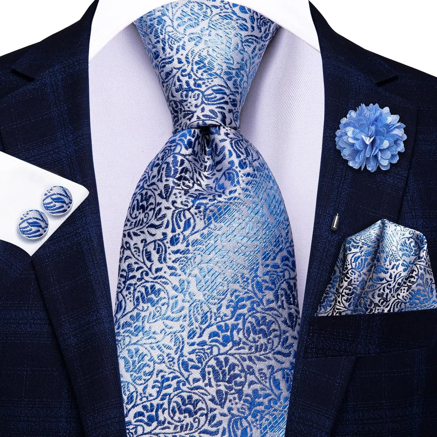 Hi-Tie Men's Tie Lapel Pin Set Pocket Square Cufflinks Formal Woven Silk Tie Sets Wedding Party