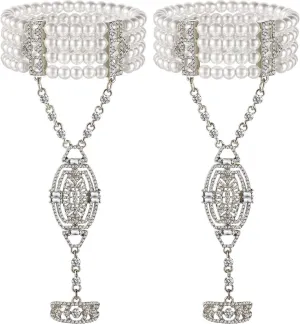 Hicarer 2 Pieces 1920s Flapper Bracelet Ring Set Imitation Pearl Crystal Bracelet for Women Halloween cosplay