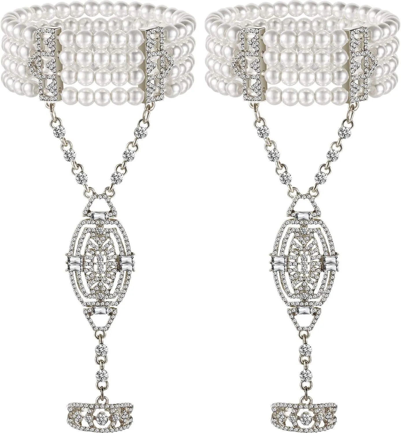 Hicarer 2 Pieces 1920s Flapper Bracelet Ring Set Imitation Pearl Crystal Bracelet for Women Halloween cosplay