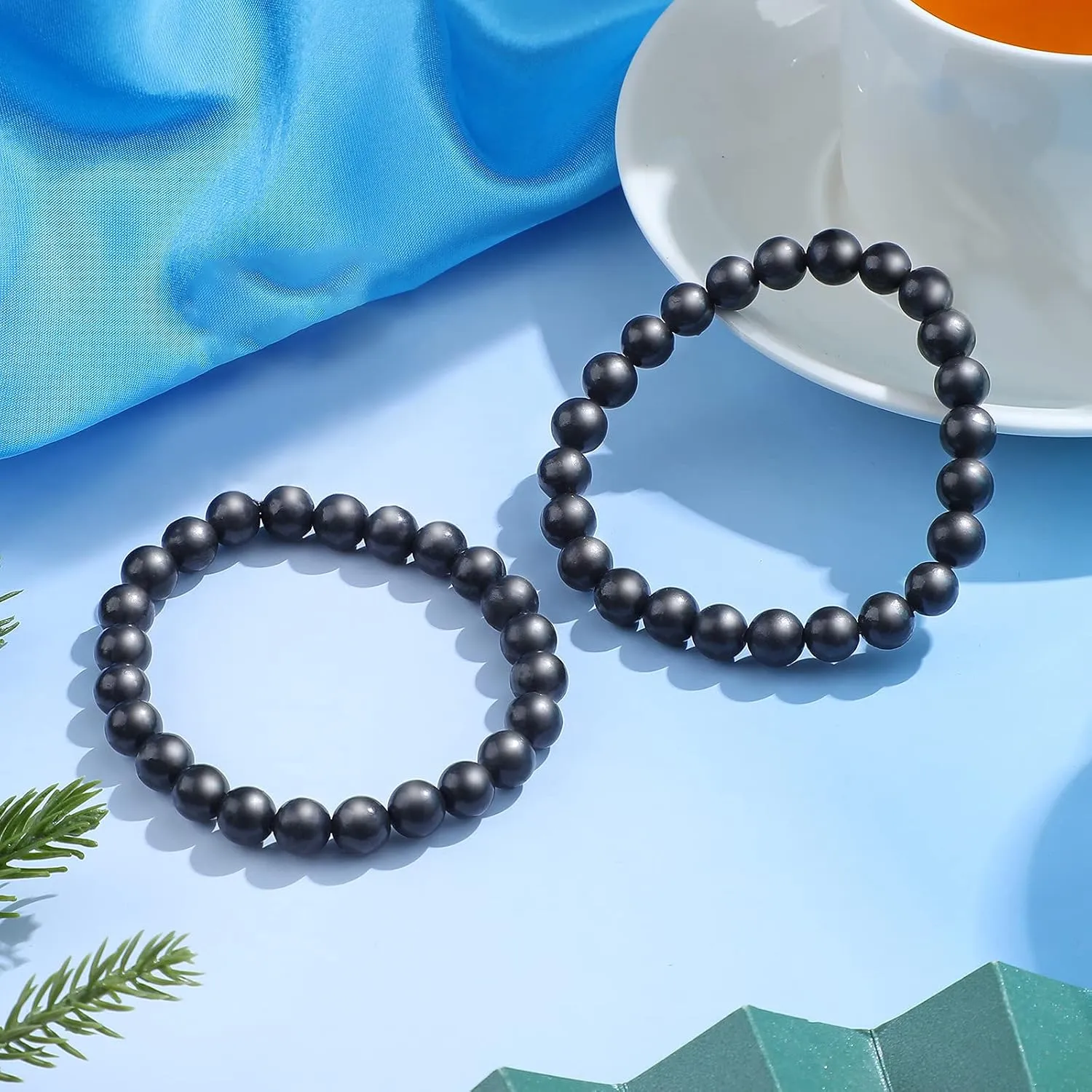 Hicarer 2 Pieces Shungite Bracelet Black Shungite Beads Crystal Stretchy Stones Bracelets Energy Jewelry Powerful Defender Spiritual Healing Chakra Balance for Men Women