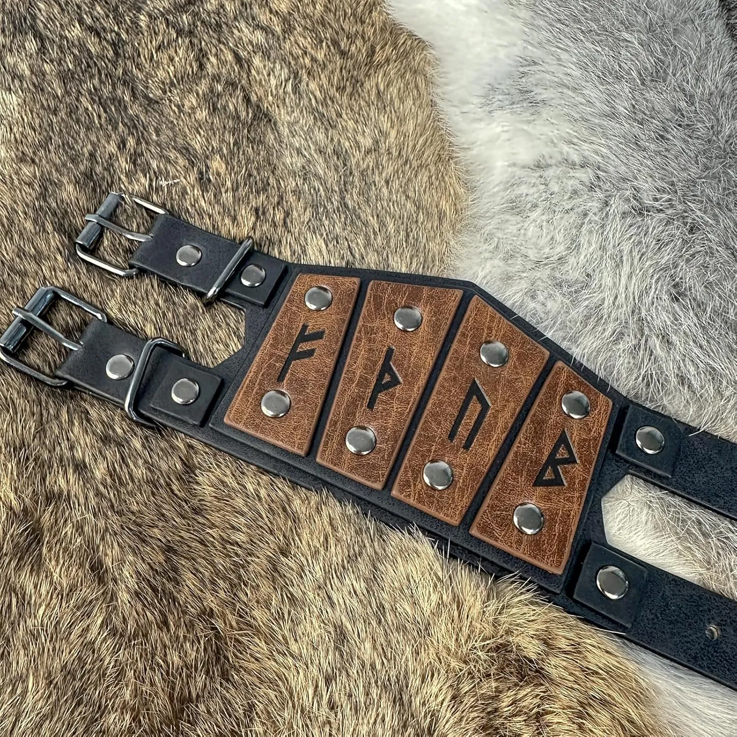 HiiFeuer Viking Runes Faux Leather Cuff Bracelet, Norse Retro Wristband, Nordic Buckle Fastening Cuff Bangle Bracelet