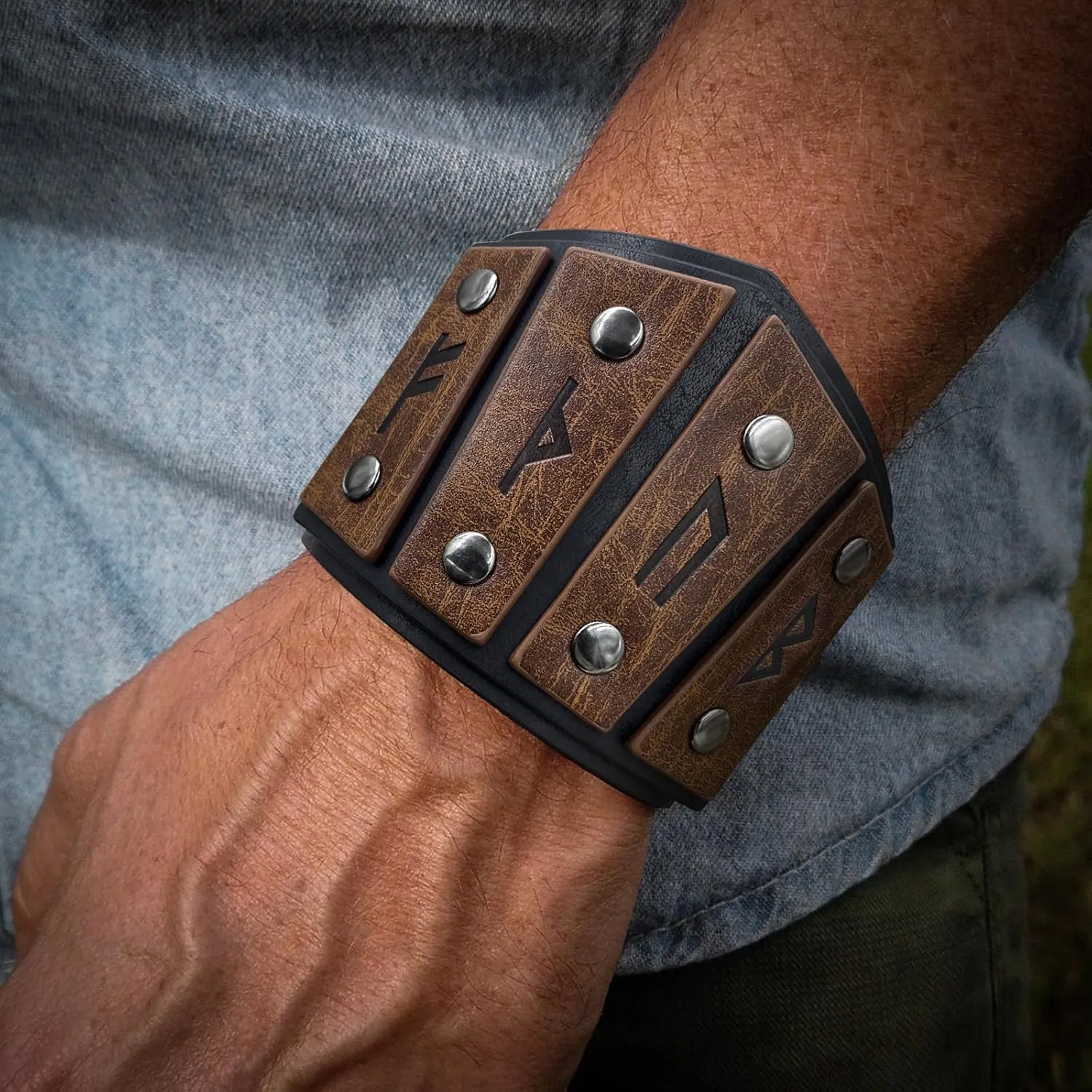 HiiFeuer Viking Runes Faux Leather Cuff Bracelet, Norse Retro Wristband, Nordic Buckle Fastening Cuff Bangle Bracelet