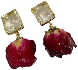Hofar Dried Rose Earrings Flower Earrings Fashion Vintage Punk Ear Jewelry for Women