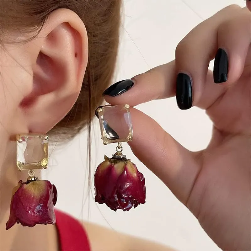 Hofar Dried Rose Earrings Flower Earrings Fashion Vintage Punk Ear Jewelry for Women