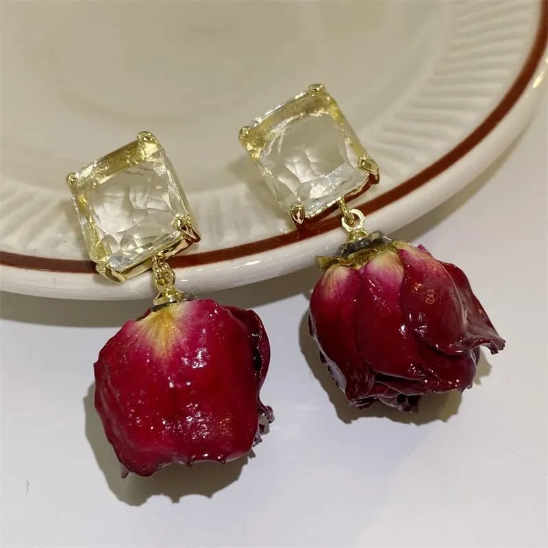 Hofar Dried Rose Earrings Flower Earrings Fashion Vintage Punk Ear Jewelry for Women